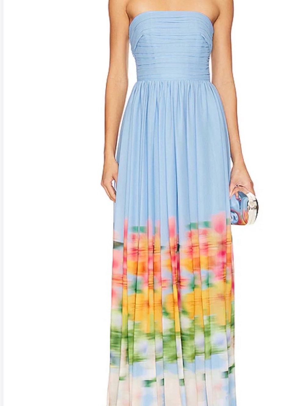 Sau Lee Sky Blue Camille sz 6 Strapless Floral Ombre Maxi Dress Watercolors EUC
